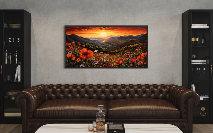 Mountain Valley Flowers Sunset Landscape Framed Canvas Wall Art in living room