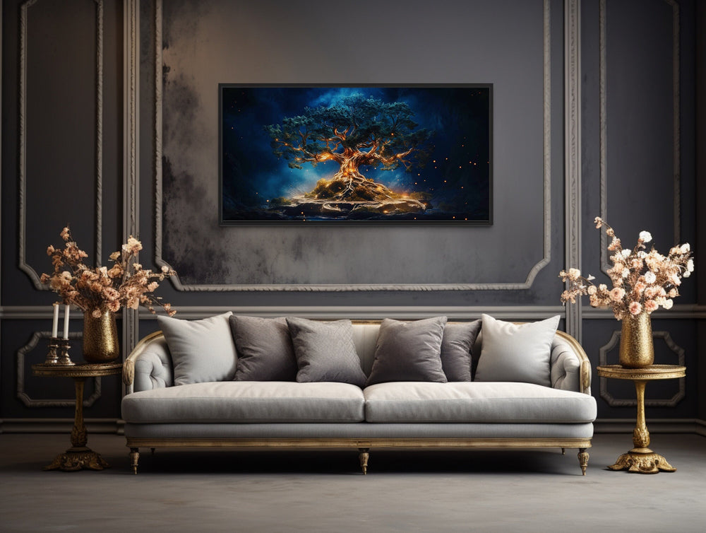 Yggdrasil Tree Of Life Navy Blue Framed Canvas Wall Art above couch
