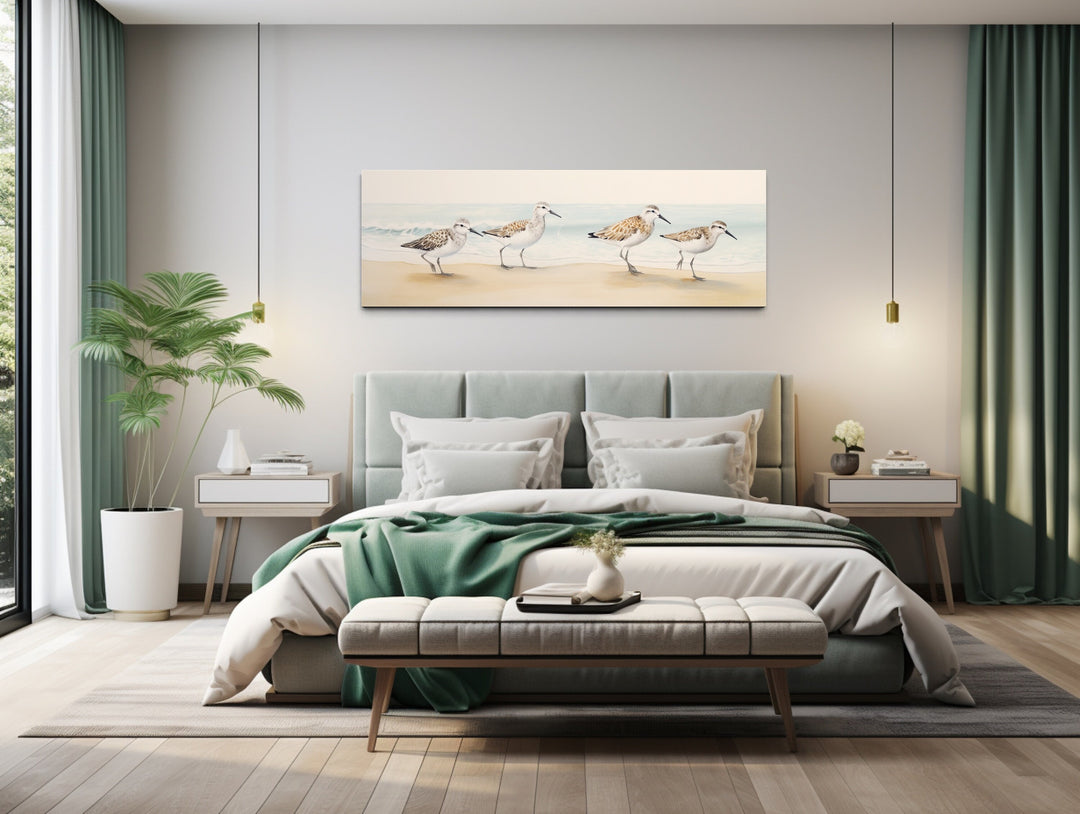 Sandpipers Walking On The Beach Horizontal Framed Canvas Wall Art above bed