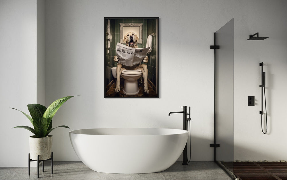 White Labrador Retriever Dog On The Toilet Reading Newspaper Wall Art over white bath tub