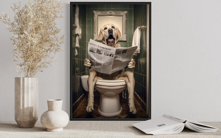 White Labrador Retriever Dog On The Toilet Reading Newspaper Wall Art close up view