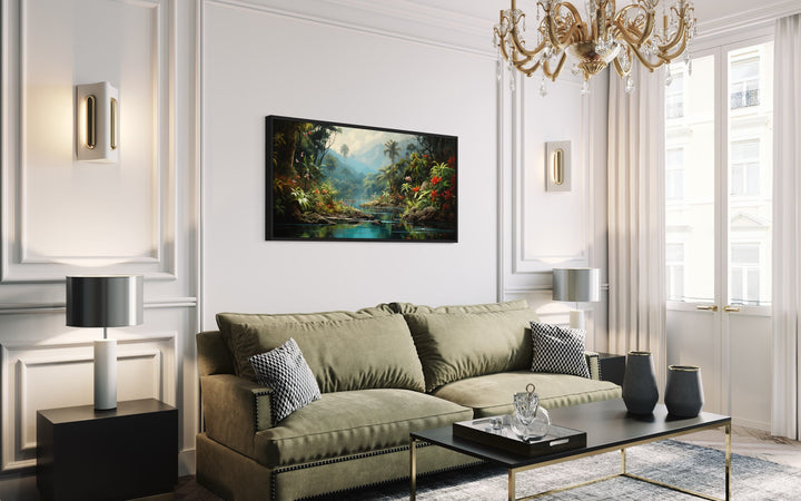 Tropical Rain Forest Framed Canvas Wall Art above green couch