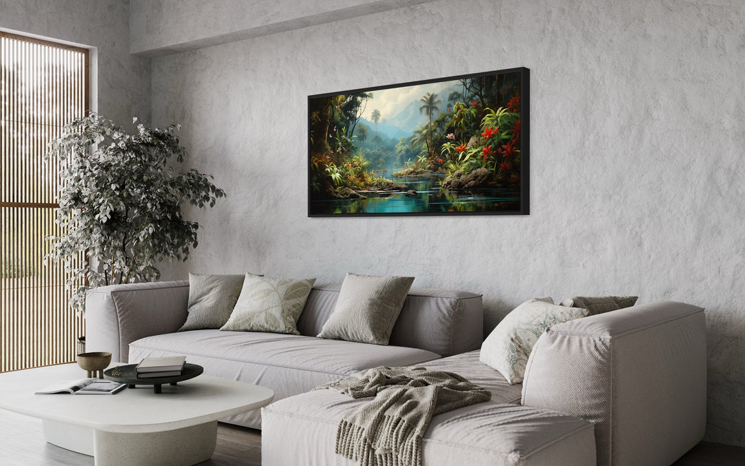 Tropical Rain Forest Framed Canvas Wall Art above grey couch