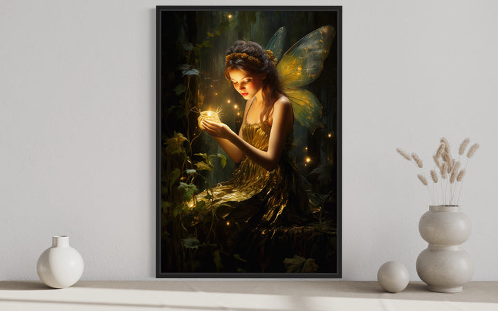 Beautiful Forest Fairy With Firefly Framed Canvas Wall Art close up