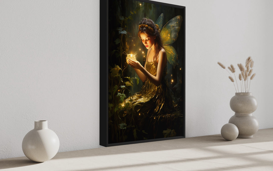 Beautiful Forest Fairy With Firefly Framed Canvas Wall Art side view