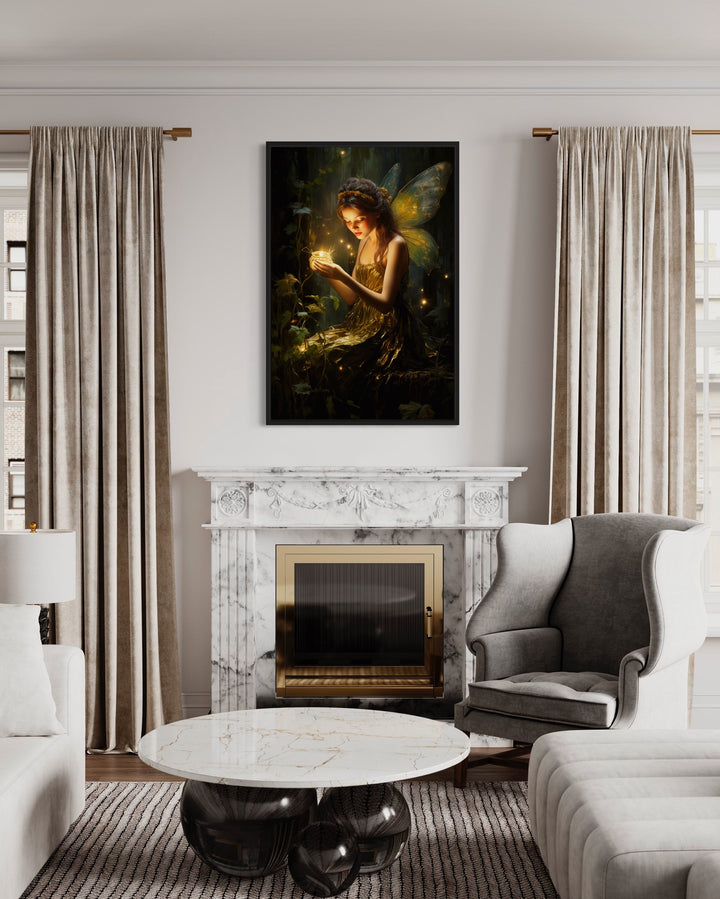 Beautiful Forest Fairy With Firefly Framed Canvas Wall Art above fireplace