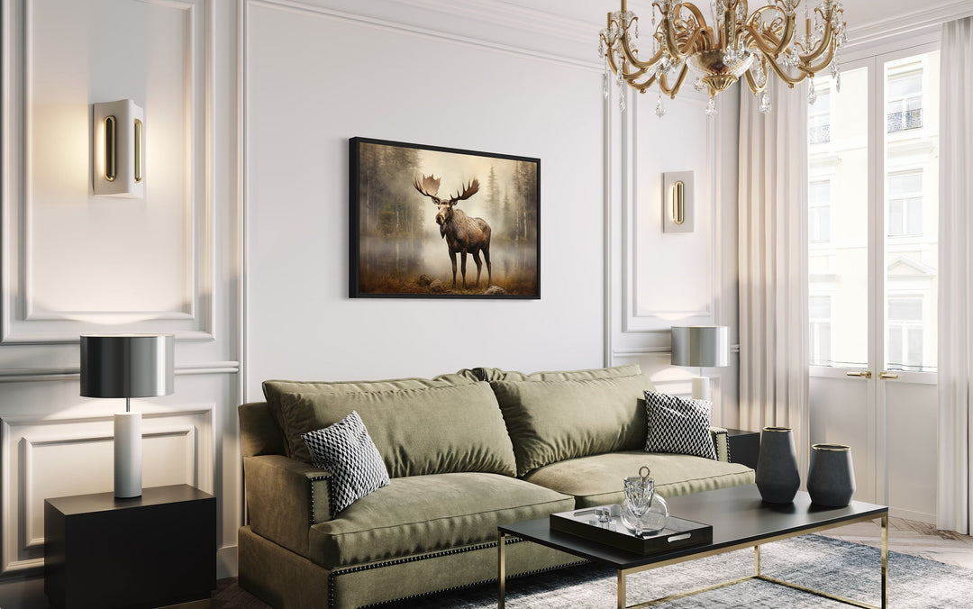 Moose in Foggy Forest Wall Art over green couch