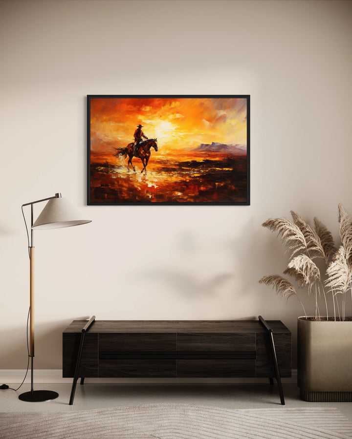 Cowboy Riding A Horse In The Desert At Sunset Wild West Canvas Art in hallway