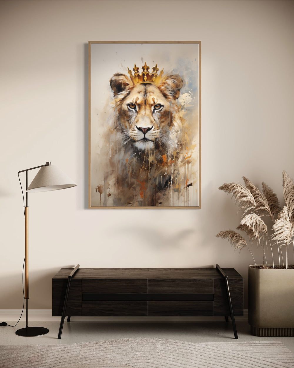 Lioness Queen With Crown Beige Gold Framed Canvas Wall Art in living room