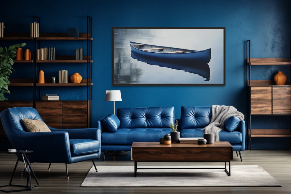 Blue Canoe Extra Large Wall Art "Tranquil Paddle" in blue modern room