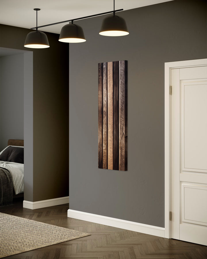 Long Narrow Wood Planks Vertical Rustic Wall Decor in modern living room
