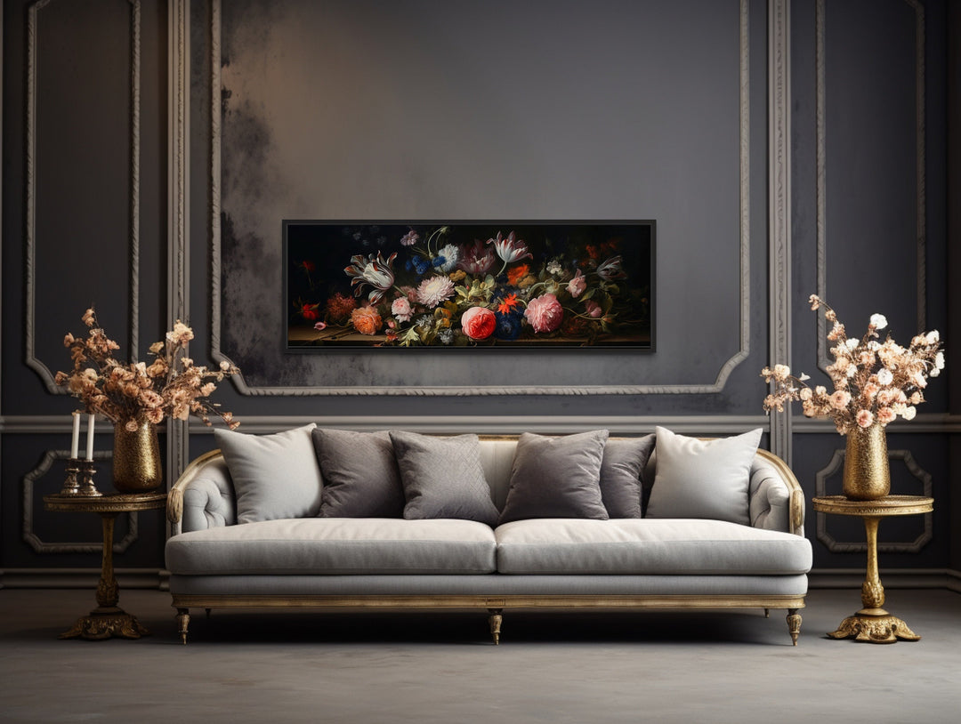 Dark Academia Antique Flowers Moody Horizontal Framed Canvas Wall Art above couch