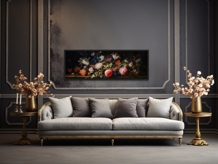 Dark Academia Antique Flowers Moody Horizontal Framed Canvas Wall Art above couch