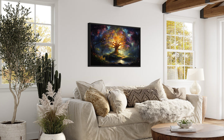 Tree of Knowledge Wall Art above beige couch