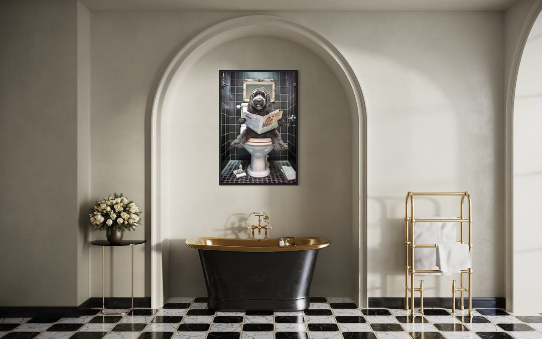 Black Goldendoodle Dog On The Toilet Reading Newspaper Wall Art in vintage bathroom