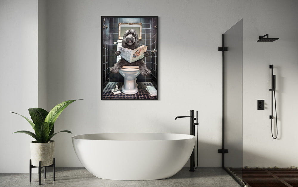 Black Goldendoodle Dog On The Toilet Reading Newspaper Wall Art over white bathtub