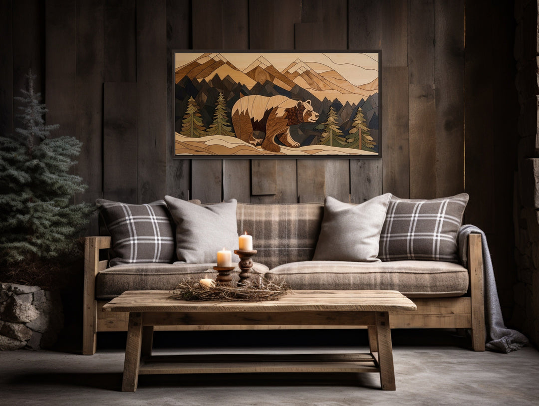 Bear in Mountains Wood Panel Effect Cabin Decor Framed Canvas Wall Art in log cabin