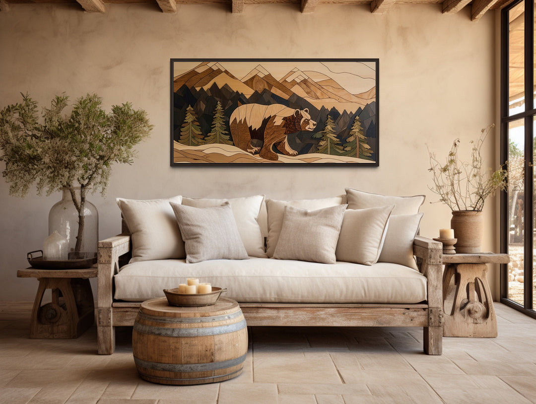 Bear in Mountains Wood Panel Effect Cabin Decor Framed Canvas Wall Art above rustic couch