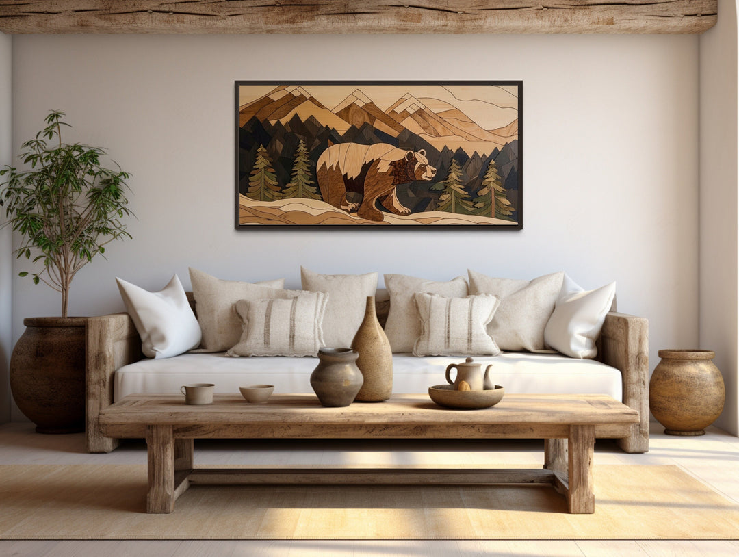 Bear in Mountains Wood Panel Effect Cabin Decor Framed Canvas Wall Art