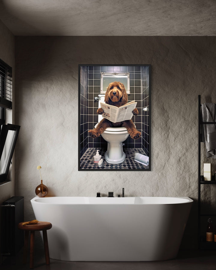 Red/Brown Goldendoodle Dog On The Toilet Reading Newspaper Wall Art above bathtub