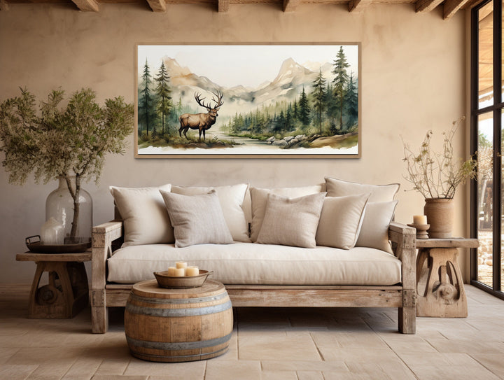 Elk In The Mountain Forest Landscape Watercolor Canvas Wall Art above grey couch