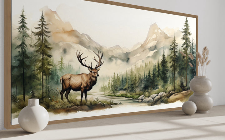 Elk In The Mountain Forest Landscape Watercolor Canvas Wall Art side view