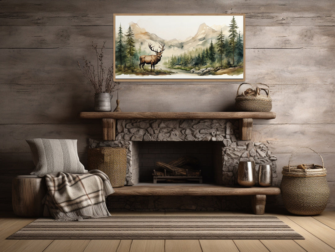 Elk In The Mountain Forest Landscape Watercolor Canvas Wall Art above fireplace