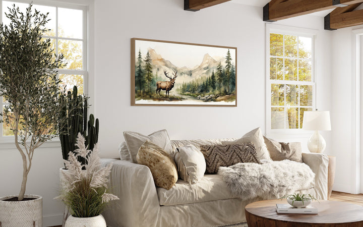 Elk In The Mountain Forest Landscape Watercolor Canvas Wall Art in living room