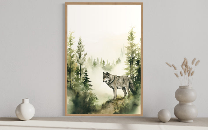 Wolf In The Forest Mountain Landscape Framed Canvas Wall Art