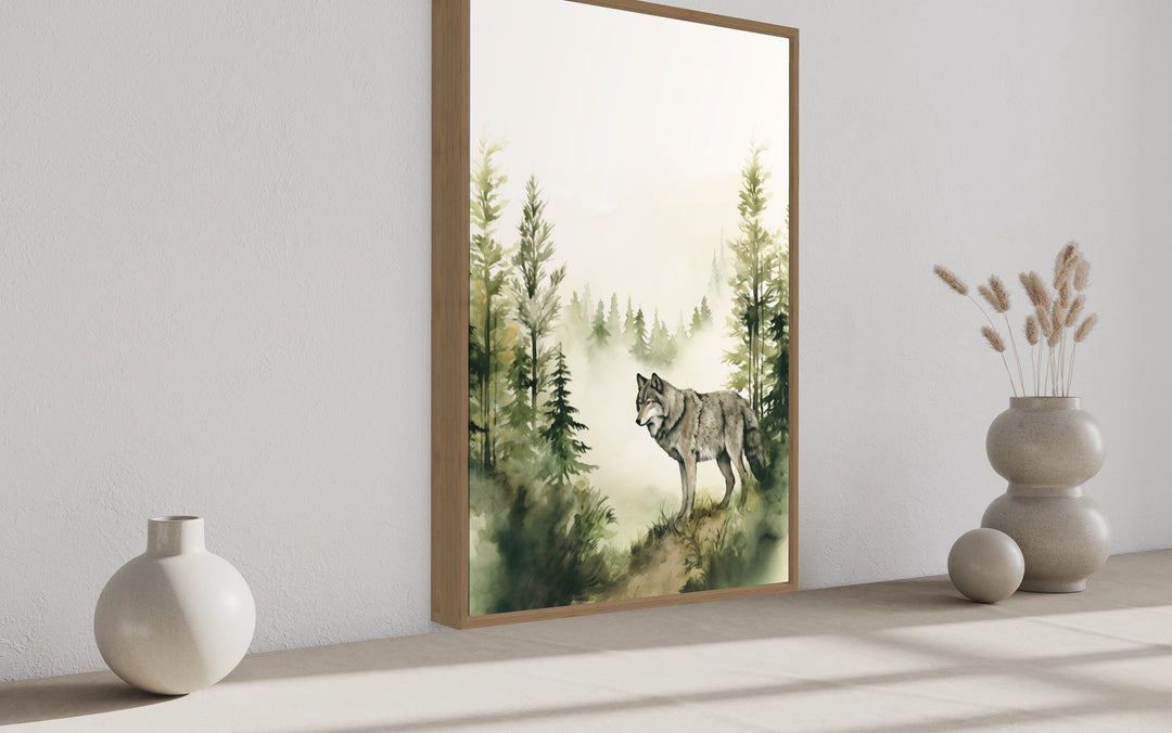 Wolf In The Forest Mountain Landscape Framed Canvas Wall Art side view