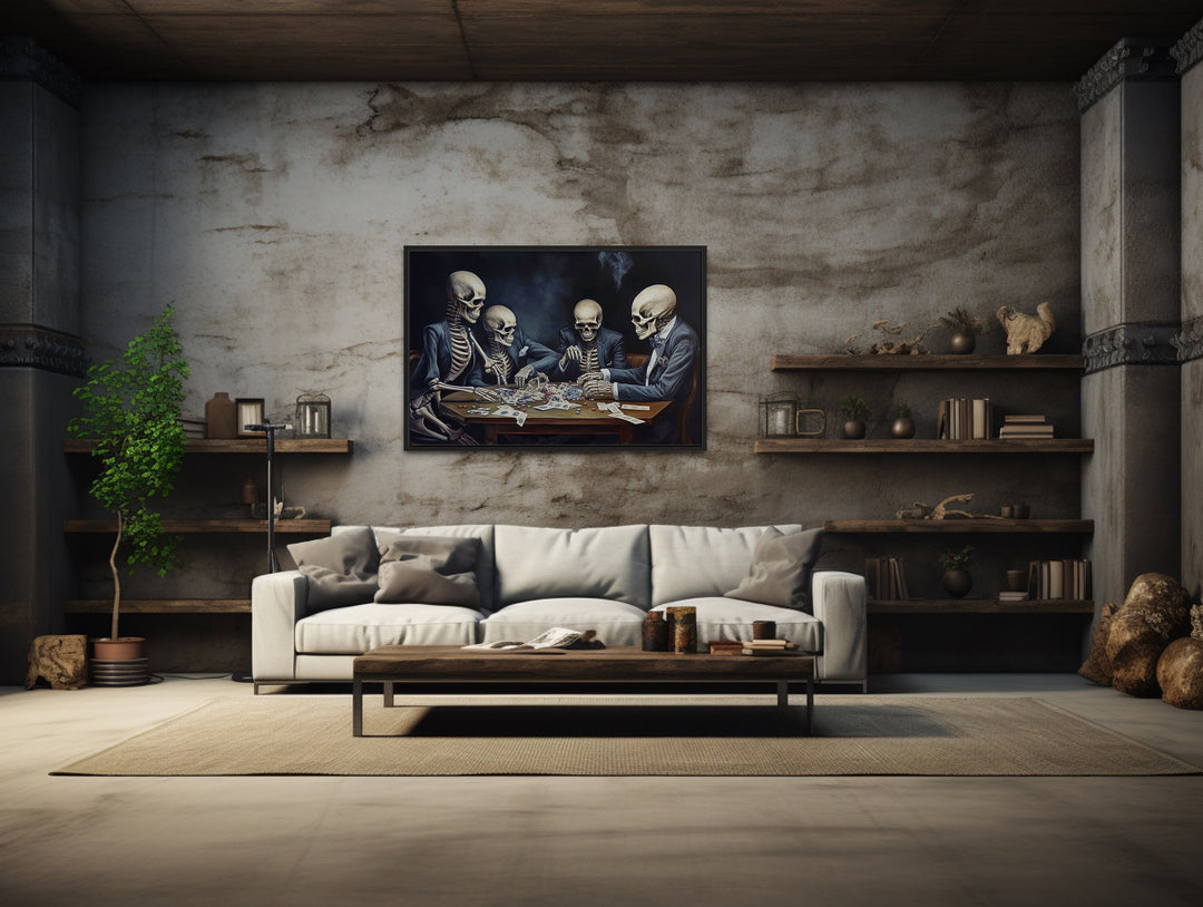 Skeletons Playing Poker Wall Art above couch