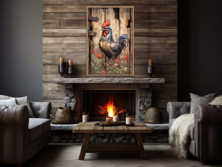 Rustic Rooster Painting On Distressed Wood Framed Canvas Wall Art above mantel