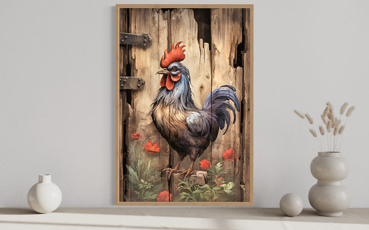 Rustic Rooster Painting On Distressed Wood Framed Canvas Wall Art close up