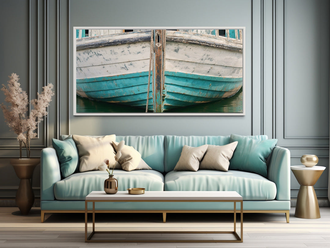 Rustic Old Teal Boat Close Up Framed Canvas Wall Art