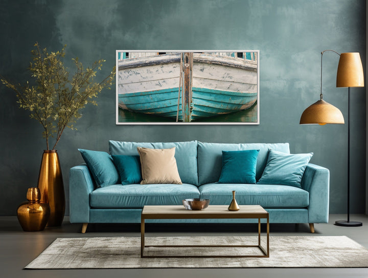 Rustic Old Teal Boat Close Up Framed Canvas Wall Art above teal couch