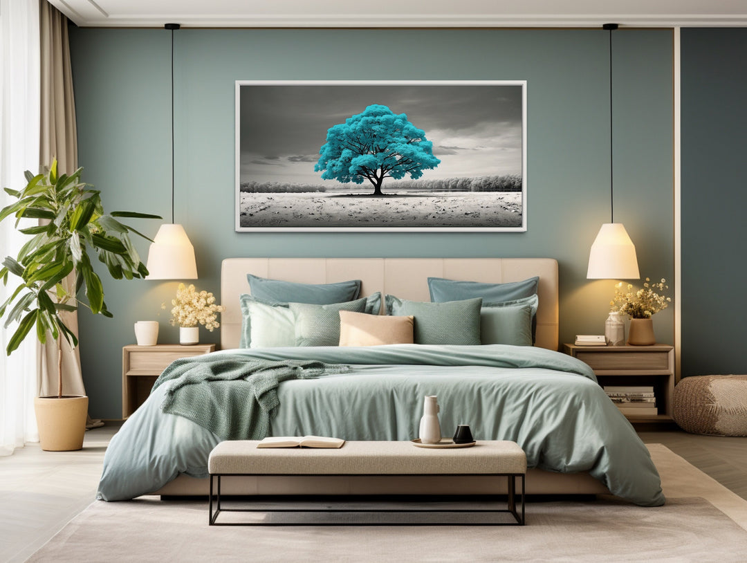 Teal Tree on Black White Background Framed Canvas Wall Art in bedroom