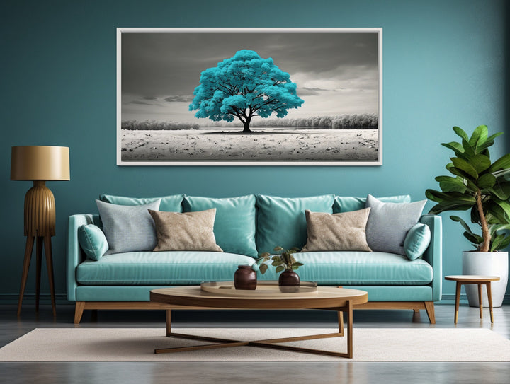 Teal Tree on Black White Background Framed Canvas Wall Art in living room