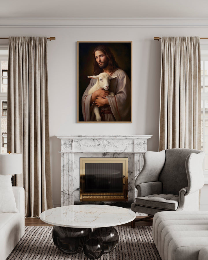 Jesus And Lamb Framed Canvas Wall Art above fireplace