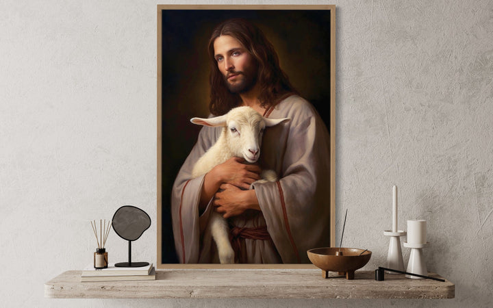 Jesus And Lamb Framed Canvas Wall Art close up