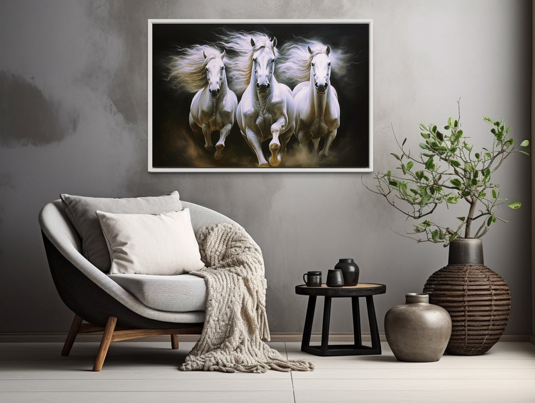 Three White Horses Running Framed Canvas Wall Art