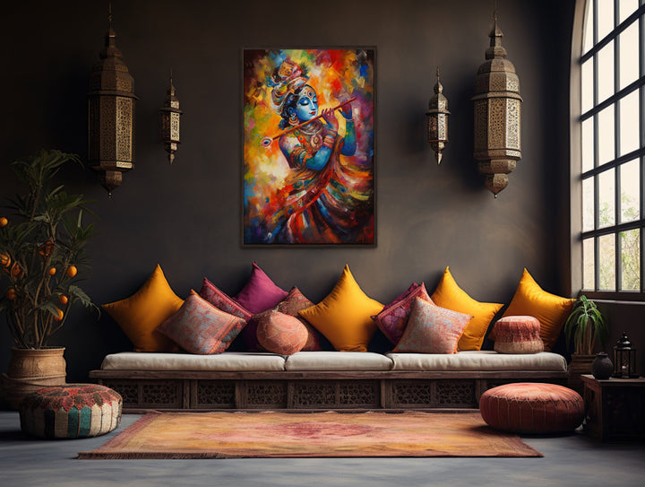 Lord Krishna Colorful Painting Indian Wall Art 'Celestial Rhapsody' over indian couch