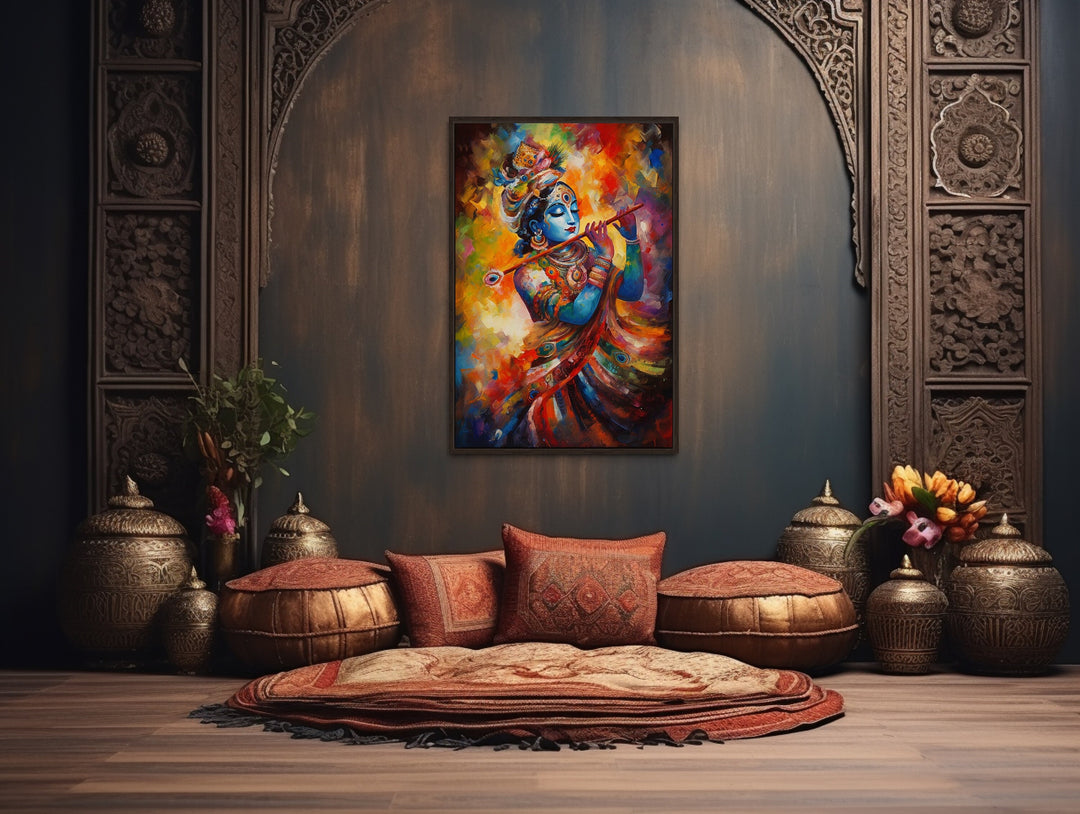 Lord Krishna Colorful Painting Indian Wall Art 'Celestial Rhapsody' over indian pillows