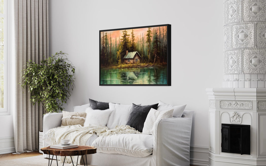 Rustic Lake And Cabin Framed Canvas Wall Art For Lake House in living room