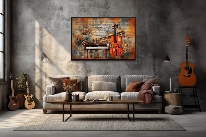 Musical Instruments And Notes Abstract Framed Canvas Wall Art