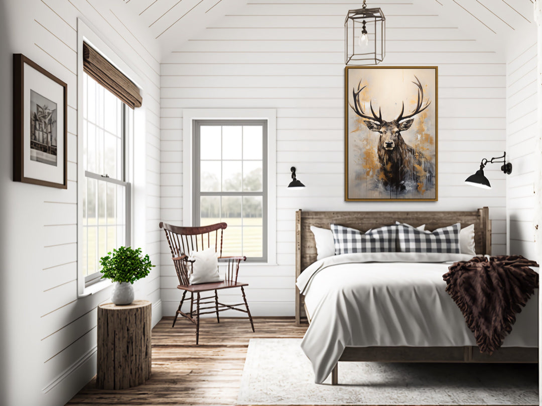 Elk Portrait Neutral Beige Gray Deer Canvas Wall Art above bed