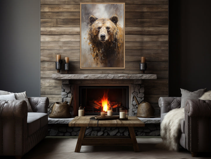 Grizzly Bear Portrait Vertical Canvas Wall Art in rustic cabin