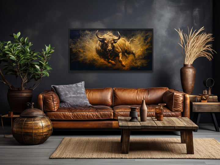 Charging Bull Extra Large Painting Man Cave Wall Art above brown couch