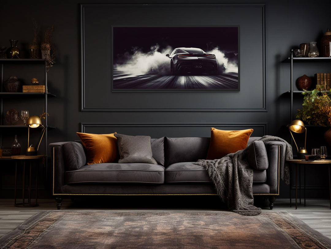 Black White Drifting Sports Car Framed Canvas Wall Art in man cave