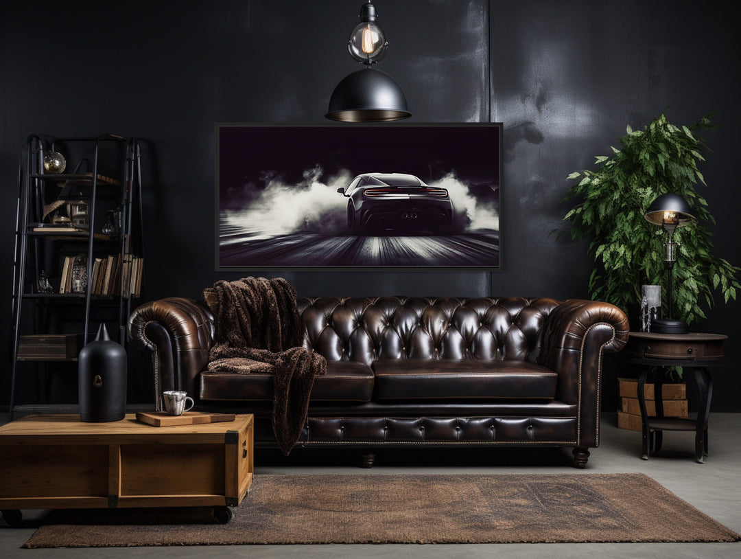 Black White Drifting Sports Car Framed Canvas Wall Art