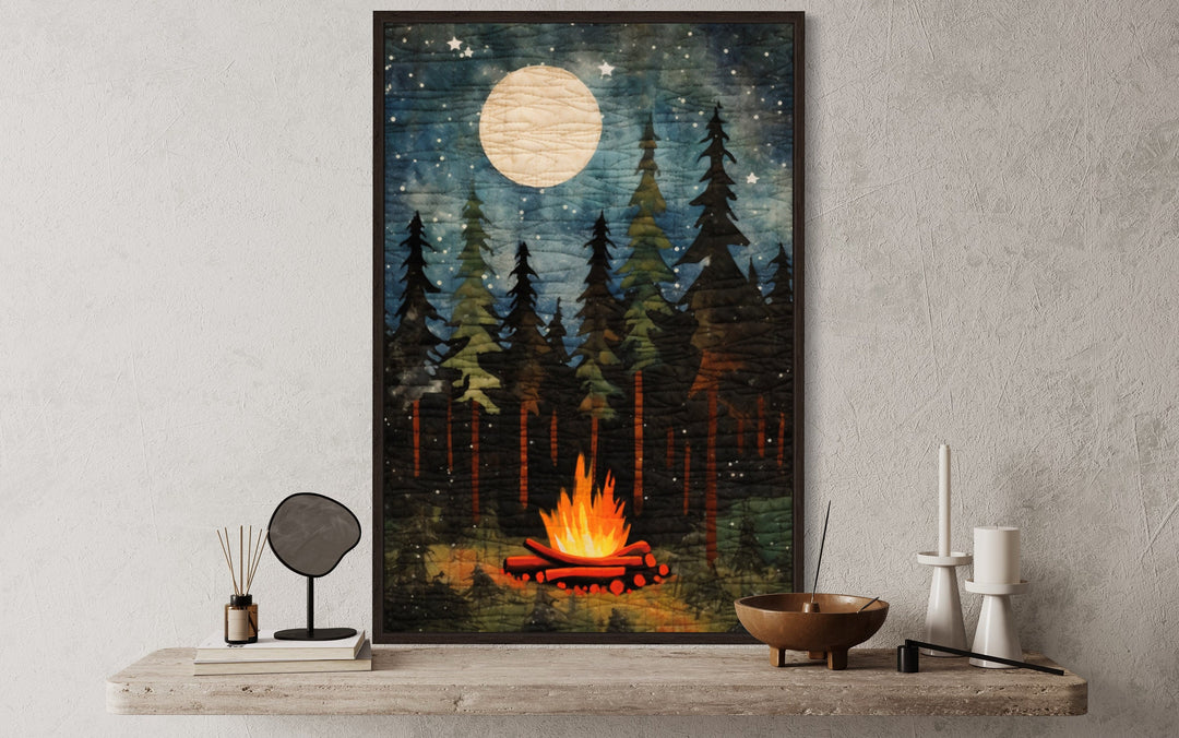 Campfire At Night, Cozy Cabin Over Mantel Framed Canvas Wall Art close up